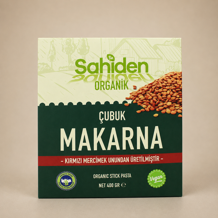 Organik kırmızı mercimek unlu çubuk makarna