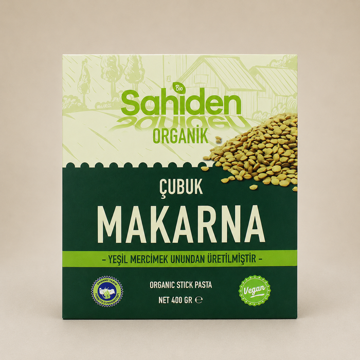 Vegan organik yeşil mercimekli çubuk makarna