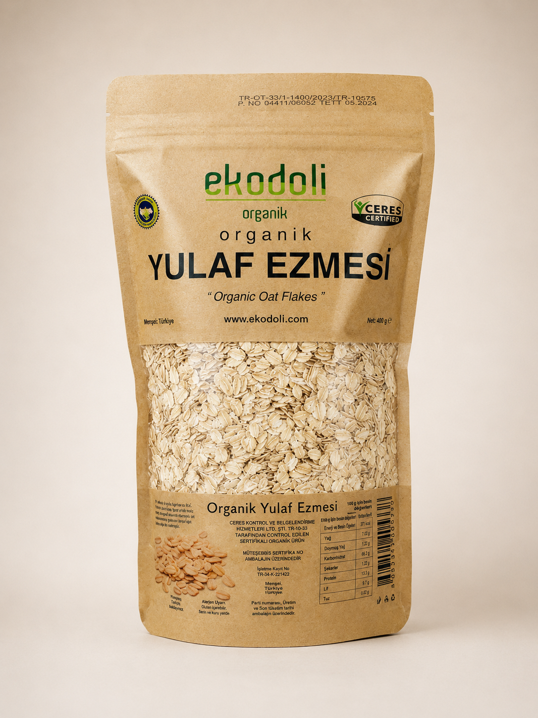Organik sertifikalı yulaf ezmesi 460 gram ürün ambalajı